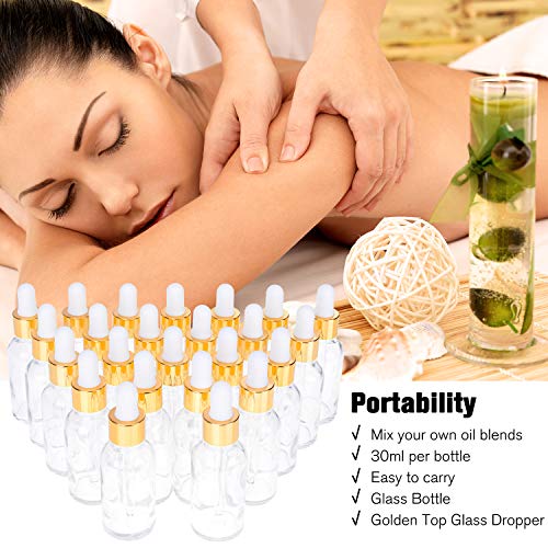 PrettyCare Glass Eye Dropper Bottles 24 Pack, 1oz (30ml) Clear Empty Thick Bottles Bulk with Leakproof Golden Caps - With Labels & Funnels for Storage, Travel, Essential Oils, Cuticle Oils, Tinctures2