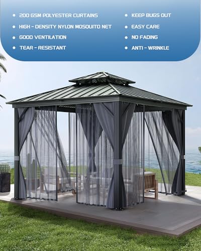 Hardtop Gazebo 10'x10' for All Weather, with Double Metal Roof, Aluminum Alloy Frame, Net, and Curtain, Permanent Building for Patio, Deck, Backyard, Lawn, and Garden, Gray