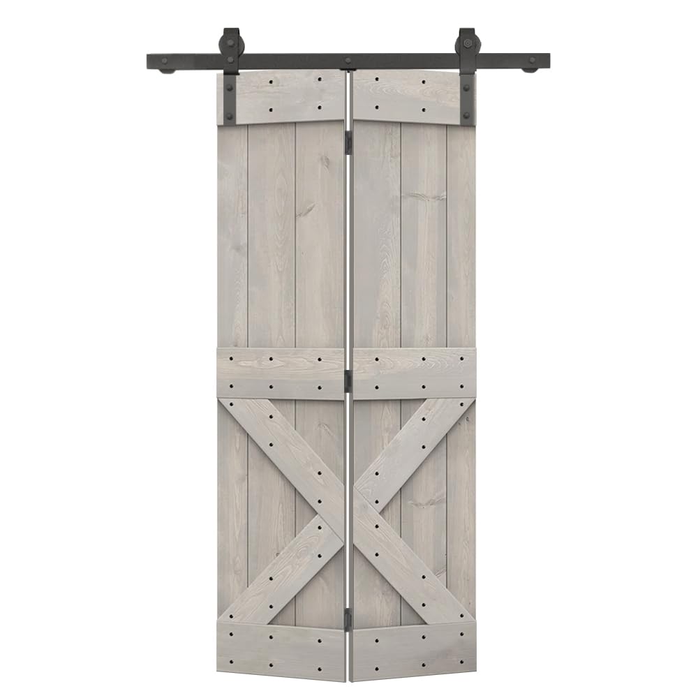 24 in. x 84 in. Mini X Series Silver Gray Stained DIY Wood Bi-Fold Barn Door with Sliding Hardware Kit