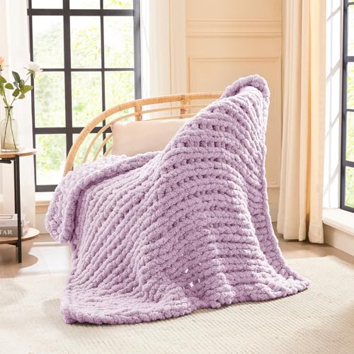 Image of L'AGRATY Chunky Knit Throw Blanket for Couch, 40'' x 50'' Knit Throw, Purple