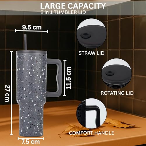Image of Tumbler with lid and Straw 1200ML Cup Stainless Steel Insulated Cup for Water, Iced Tea or Coffee 1.2L Office Gym Travelling; Tumbler with Straw. (40 - Oz -Grey Paint)