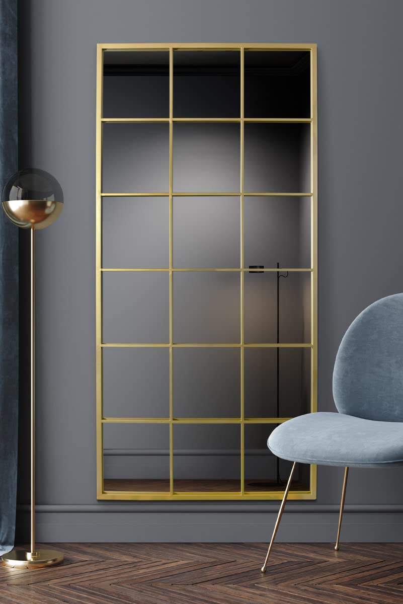 The Fenestra - Gold Modern Window Full Length Leaner/Wall Mirror 69" X 33" (174CM X 85CM) Gold Metal Frame, Bluestone
