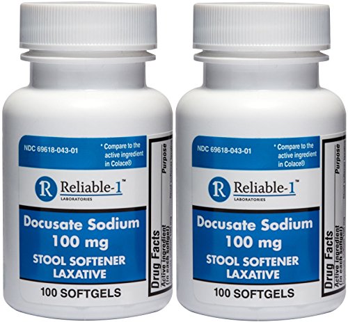 RELIABLE 1 LABORATORIES Docusate Sodium Stool Softener (100 mg, 100 Soft Gels Per Pack (2 Pack) - Helps Relieve and Prevent Hard Stools Due to Constipation