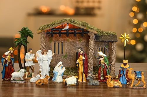 Fovths 17 Pieces Lighted Nativity Christmas Indoor Scene Set Religious Nativity Stable Manger Figurine Resin Decor for Deluxe Edition LED Nativity Tabletop Holiday Centerpieces Decor Set, 5 Inch