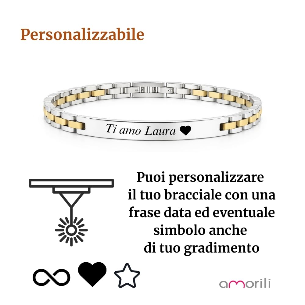 Bracciale Uomo Personalizzabile con Incisione in Acciaio Inox Maglia President con Dettagli Dorati – Gioiello Maschile Personalizzato con Frasi e Date – Idea Regalo Uomo bcc3183