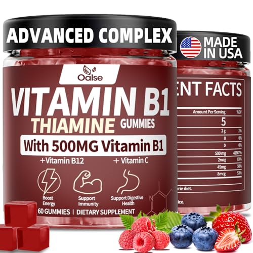 OALSE Thiamine Vitamin B1 Gummies - 500g Vegan Sugar Free Thiamine Supplement with Natural Mixed Berries Flavor for Adults & Kids (60 Counts) Focus Supplement