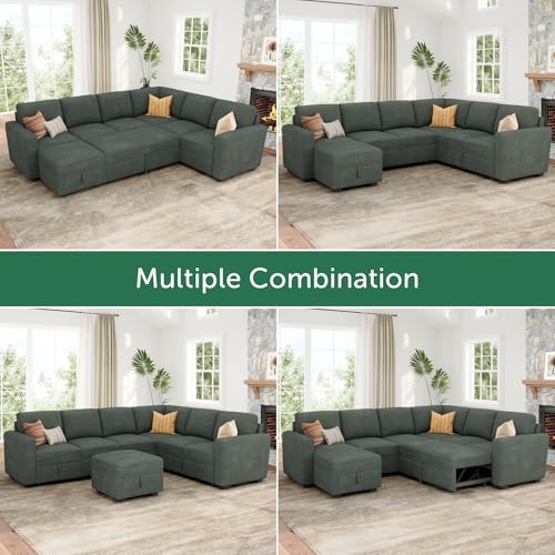 Image of HONBAY Modular Sectional Sleeper Sofa with Pull Out Bed, Corduroy Couch with Storage Seats Ottoman, U Shaped Sectional Couches for Living Room, Green