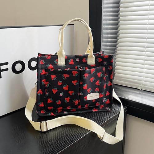Image of Cherry Tote Bag for Women Canvas Patched Purse Cute Shoulder Bag Multi-Pocket Satchel Handbag for work travel