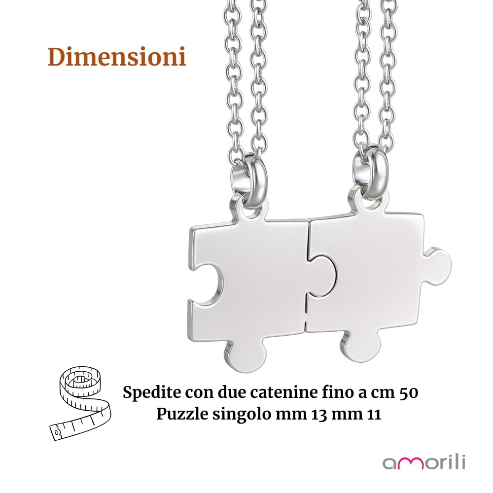 Collana Coppia Puzzle che si Divide a Metà in Acciaio Inox Lucido | Gioiello per Fidanzati e Migliori Amiche | Ciondolo Metà Cuore Amicizia Amore | Idea Regalo per Lei e Lui cll1881b
