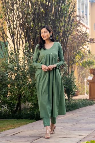 Image of Women's Dhanna Fashion Long Cut Salwar Suit with White Polka Dots,Full Sleeves, V-Neck,, Rayon