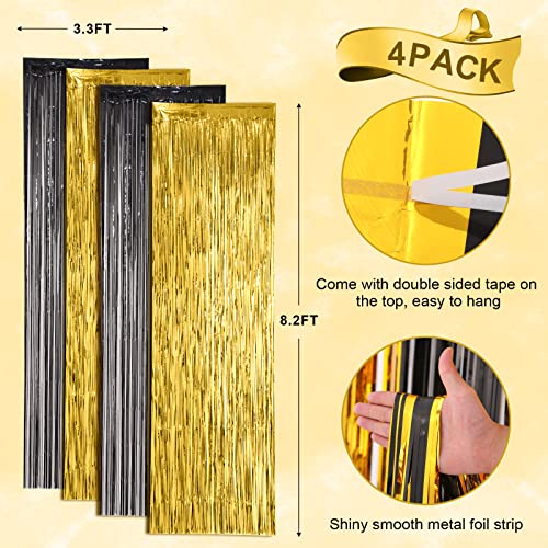 Image of Voircoloria 4 Pack Black and Gold Foil Fringe Backdrop Curtains, Tinsel Streamers Birthday Party Decorations, Fringe Backdrop for Graduation, Baby Shower, Gender Reveal, Disco Party