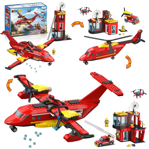HiWEEGO 3 IN 1 City Feuerwehr Löschflugzeug Bauspielzeug, Flugzeug Bausteine Spielzeug, 803 Teiles Feuerwehr Flugzeuge Bausatz Geburtstag Kinder Jahren Jungen Mädche ab 6 7 8