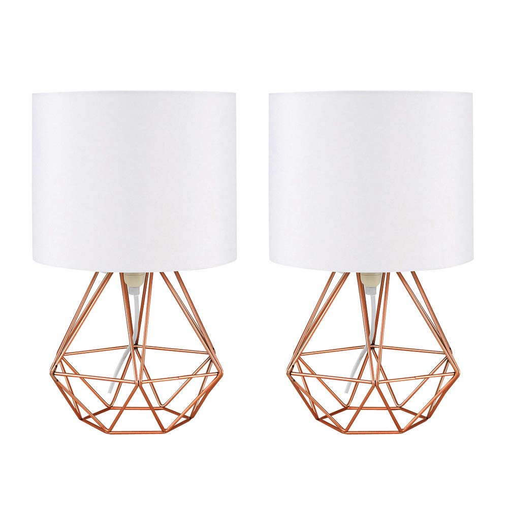 Valuelights Copper Pair Of Modern Metal Basket Cage Table Lamps With White Fabric Shades