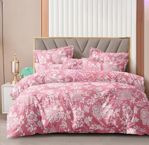 Image of Cotton Bedding Set King Size| 300 TC Double Bed Duvet Cover with Zipper (90x100 in), Double Bed Fitted Bedsheet (72x78+10 in Depth), 2 Pillow Covers (18x28 in) |Warm|DBC 042|Pink Paisley