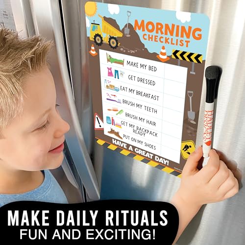 Image of Magnetic Morning & Bedtime Routine Chart for Kids - Customizable Toddler Daily Schedule Board with Dry Erase Surface, Stickers & Marker, Build Habits with Visual Checklists, Construction Theme