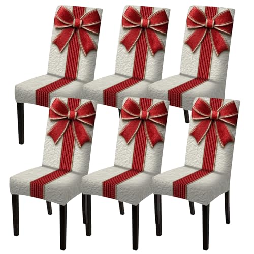 Image of Nuxovilar 6PCS Red Bow Elegant Stretch Chair Covers 23.6x70in | Holiday Slipcover Festive Protector Bow Wrap Seat Guard Dining Room Banquet Formal Party (Red Bow Elegant)