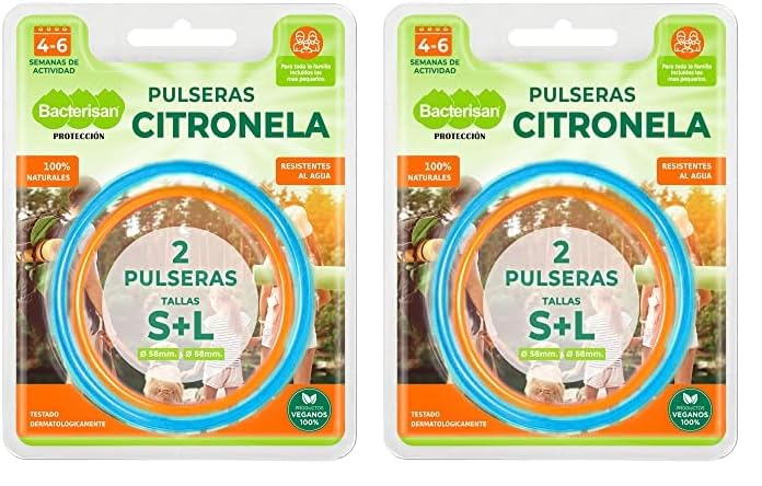 Bacterisan Pulseras Repelentes, con Citronela, Blister 1 Talla L + 1 Talla S (Paquete de 2)