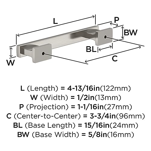 Image of Amerock 10 Pack 3-3 /4 inch Triomphe Satin Nickel Drawer Pull | 3-3 /4 inch (96mm) Center-to-Center Mounting Distance and 4-13 /16 inches Overall Length, Durable Zinc Cabinet Hardware