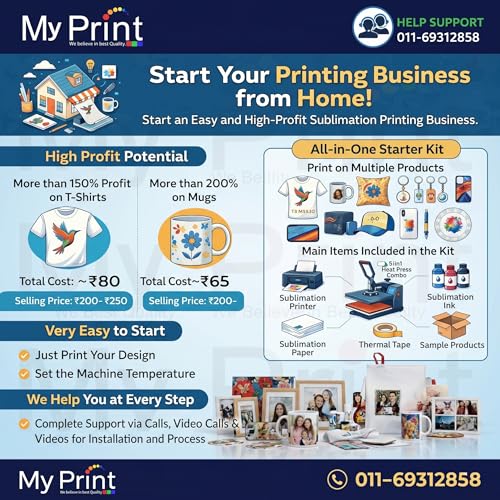Image of MY PRINT | Heat Press 5 in1 Combo with Sublimation Project, Sublimation Paper 200 Pages, Sample T-Shirt 3 Pcs, Mouse Pad 2 Pcs, Sublimation Keyring 10 Pcs, Sublimation Ink 4 Color, Teflon Sheet 1 Pcs