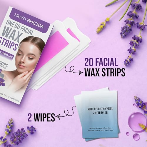 Image of Hilary Rhoda Women One Go Facial Wax Strips | Lavender Extract | Ready-to-Use for Upper Lip, Chin & Cheeks | Hair Removal Strips with 2 Wipes | Painless, Quick & Gentle Waxing | 20 Strips
