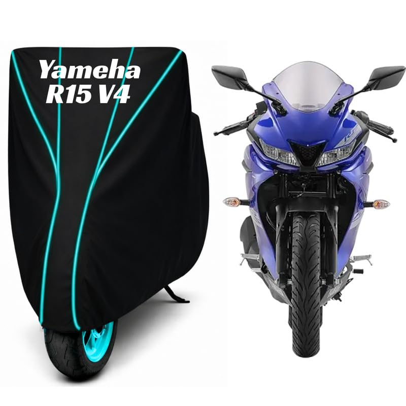 Image of Premium Bike Cover for Yamaha YZF R15 V4, Water Resistant, Dustproof, UV Protected, Scratchproof Motorcycle Cover for Outdoor Use, All Weather Protection (Black & Aqua Piping)