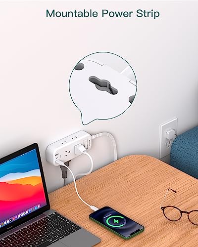 Extension Cord 15 ft - Power Strip Surge Protector, Flat Plug with 6 AC Outlet Extender 3 USB Ports (2 USB-C), 1080J, Multi Plug Outlets Desktop Charging Station for Home College Dorm Room Essentials