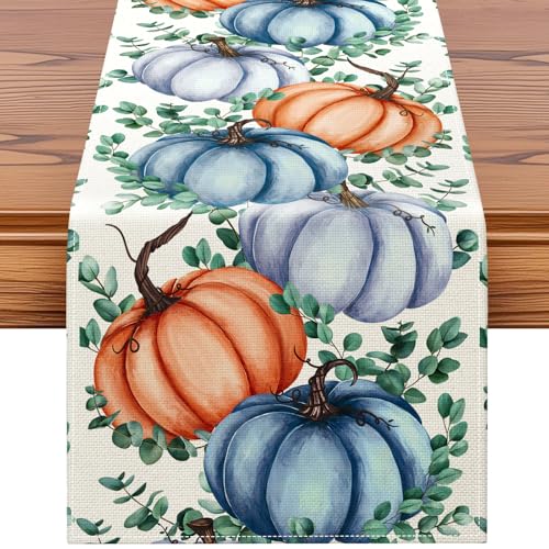 Artscope Pumpkins Eucalyptus Leaves Fall Table Runner,Thanksgiving Holiday Kitchen Dining Table Decoration for Fall Home Decor 13x72 Inch - Orange Blue