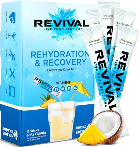 Revival Rapid Rehydration Electrolytes Powder - High Strength Vitamin C B1 B3 B5 B12 Supplement Sachet Drink Effervescent Electrolyte Hydration Tablets 6 Pack Pina Colada Flavours