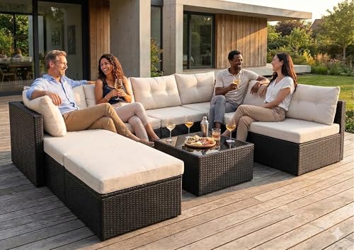 CONCEPT USINE | Salon de Jardin 8 Places YANUCA Résine Tressée Noire & Coussins Beige | Grand Canapé Modulable avec Table Basse & Poufs | Design Élégant et...