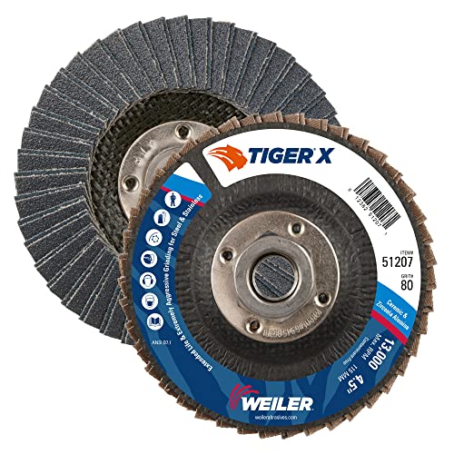 Image of Weiler 51207 Tiger X Flap Disc, Ceramic and Zirconia Alumina, Angled, Phenolic Backing, 80 Grit, 4-1 /2 inch, 5 /8 inch-11 UNC Nut, Type 29 5 /8 inch-11 Hub (Pack of 10)