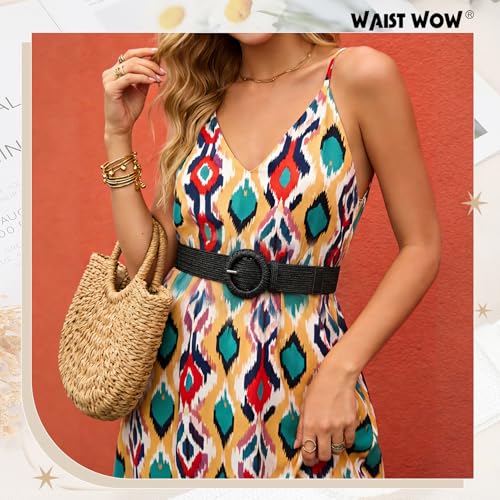 Image of Straw Woven Elastic Belt for Women Stretchy Belts for Dress Fashion Boho Waist Belt Rattan Raffia Ladies Belts