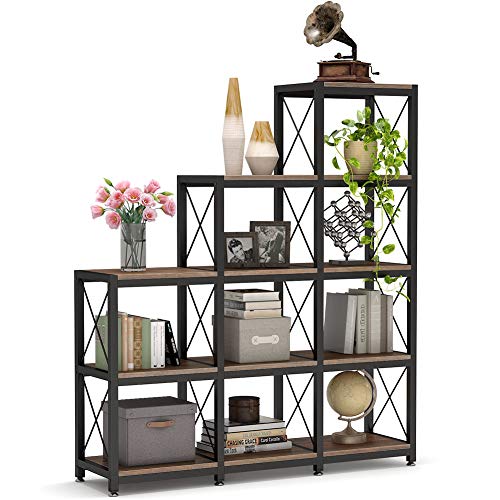 Tribesigns 12 Shelves Bookshelf, Industrial Ladder Corner Bookshelf 9 Cubes Stepped Etagere Bookcase, Rustic 5-Tier Display Shelf Storage Organizer For Home Office (Rustic Brown) #TOP7