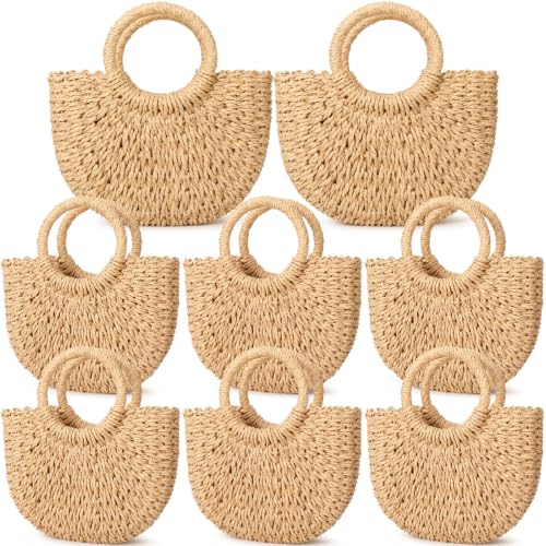Image of BBTO 8 Pcs Semi Circle Straw Bag for Women, Rattan Woven Crossbody Bag, Retro Travel Bride Tote Handbag for Summer Beach