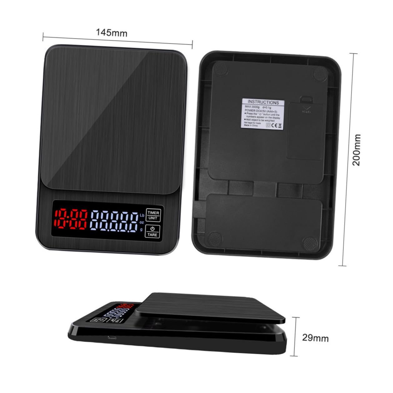 Báscula Digital Capacidad 5kg con Temporizador y Sensores de Precisión Pantalla LED Grande para Cocina y Café Adecuado para Cocinar y Hornear
