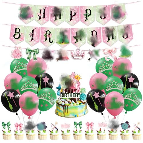 33PCS Green and Pink Party Decoration Witch Themed Party Supplies for Kids Boys Girls Birthday Party Kids Birthday Decorations Set with Banner Balloons Cupcake Topper Cake Toppers