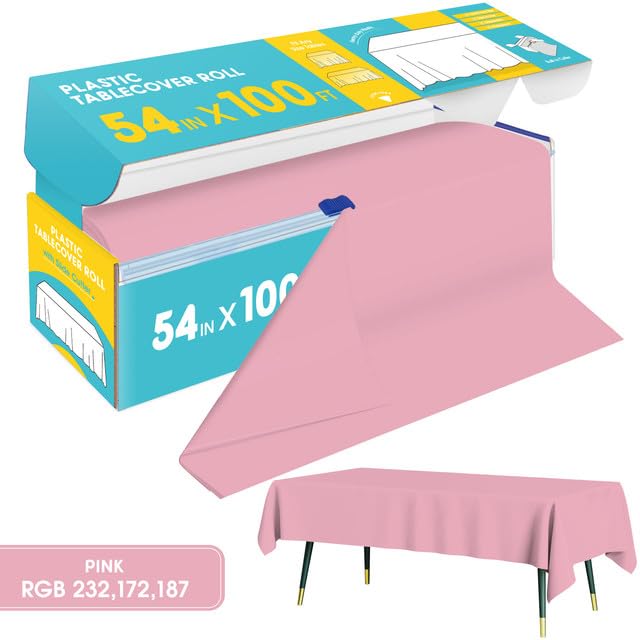 Image of Niuara Pink Plastic Table Cover Roll - 54IN x 100FT, Table Cloth for Rectangle Table with Slide Cutter, Plastic Table Cloth Disposable with Cut-to-Size Design for Weddings, Banquets, Parties