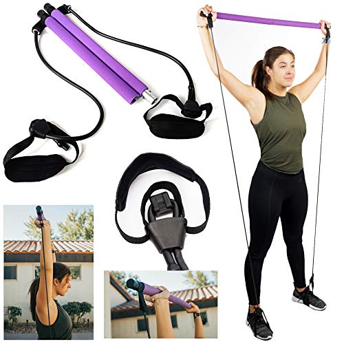 Pilates Bar Kit With Adjustable Resistance Bands Portable Home Gym Equipment x3 Full Body Workout Exercise Band For All Levels Yoga Strength Training on The Go for Women Men Premium Purple and Black