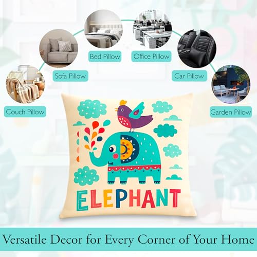 Image of GLUN Set of 5 Polycotton Cushion Covers, Multicolour Bohemian Elephant Print, 16 x 16 Inch Size Covers, Playful Cushion Covers for Sofa & Living Room Decor