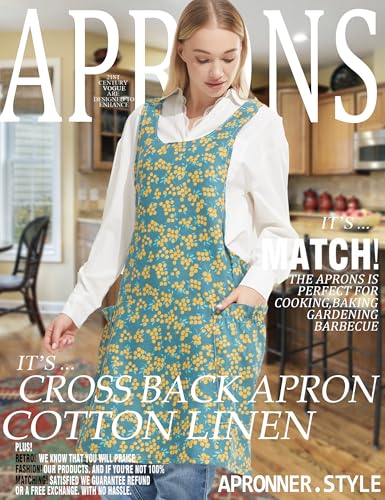 Image of Cozy Adjustable Cross Back Aprons for Women with Pockets Cotton Linen Cooking Kitchen Baking