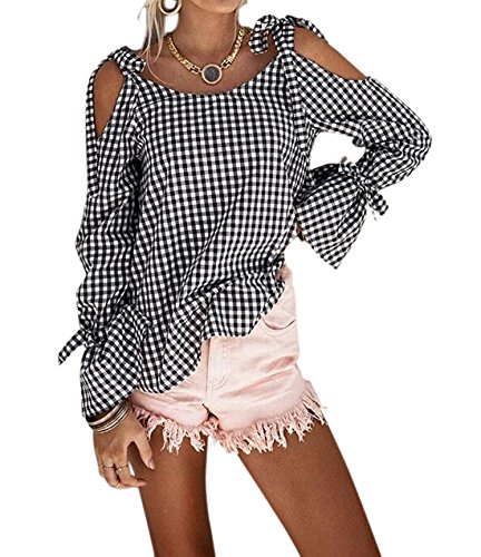 Été et l'automne T-shirt, LLQ femmes sexy manche longue chemise impression plaid noir et blanc T-shirts, Mehrfarbig, EU38-EU40/L