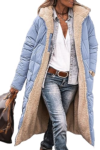 PRETTYGARDEN Women's 2025 Winter Jackets Fashion Oversized Long Hooded Fuzzy Coats Outerwear (Light Blue,Medium)