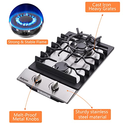 Gas Cooktop 12 Inch, 2 Burners Gas Stovetop Builtin Stainless Steel