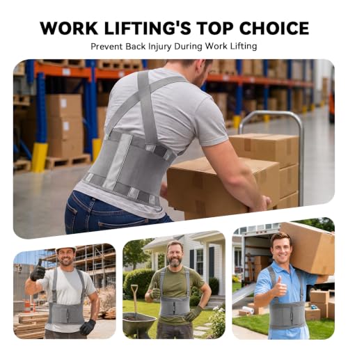 Image of Work Back Brace for Men & Women, Adjustable Lower Back Support Belt for Sciatica, Herniated Disc, Pain Relief, Moving Construction Warehouse Heavy Lifting Safety & Protection (Grey, Large)