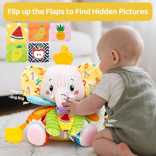Image of Baby Toys 3-6 Months, Musical Stuffed Elephant Toddler Toy for Newborn Infant 3 6 9 12 Months, Tummy Time Toys Montessori Sensory Toys 0-6 6-12 Months, Crinkle Paper, Mirror Soothing Music Shower Gift