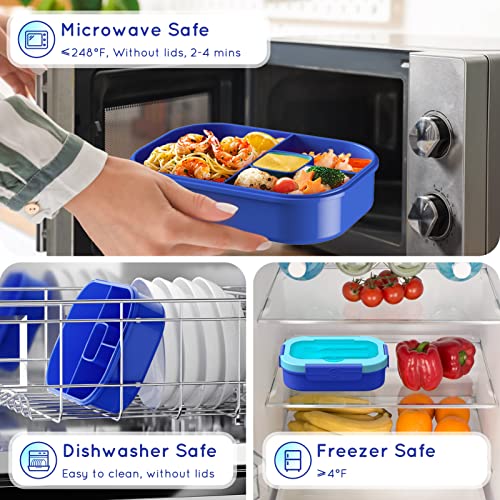 Image of Kids Bento Lunch Box Leakproof Lunch Box with 4 Compartments Lunch Containers with Tableware Kids Bento School Lunch Boxes with Container 44oz, Microwave Dishwasher Freezer Safe (Blue)