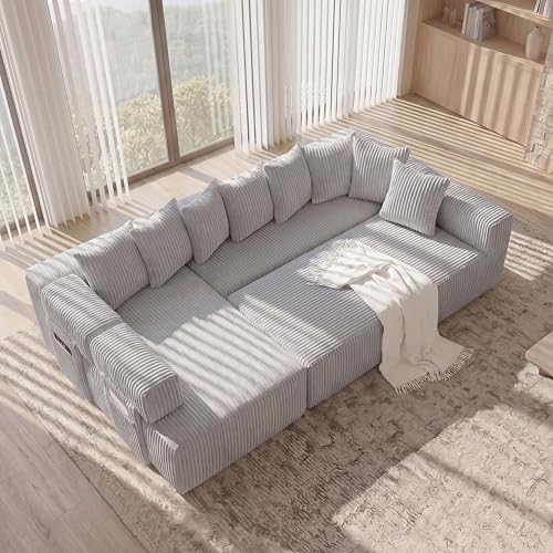Image of Oversized Cloud Boneless Couch with Chaise, 146 inch Modern U Shape Modular Deep Seat Sectional Sofa, Comfy Corduroy Upholstered Couches for Living Room, No Assembly Required-Light Grey