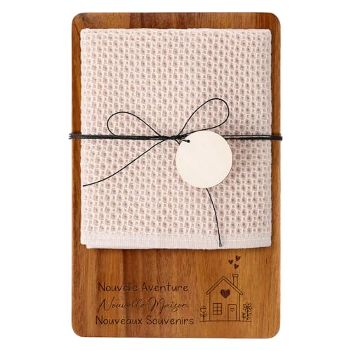 Xuniea Cadeau Crémaillère Maison 23 x 15 cm Planche de Petit-Déjeuner en Bois Torchon Cuisine Coton Cadeau de Pendaison de Cérémonie pour Emmenagement...