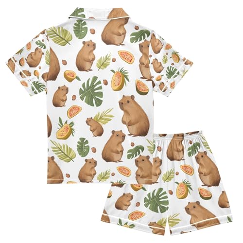 senya Cute Capybara Tropical Fruits 1 Satin Summer Pajama Sets Silk Short Sleeve Button Down Sleepwear2