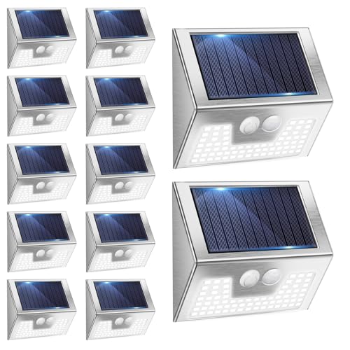 vighep YHM03A Solar-Bewegungsleuchten für den Außenbereich, gebürstetes Nickel, helles kaltweißes Zaunlicht, wasserdicht, LED-Außenzaunlichter, kabellos, für Wand, Hof, Treppen, Garten, Edelstahl, 12