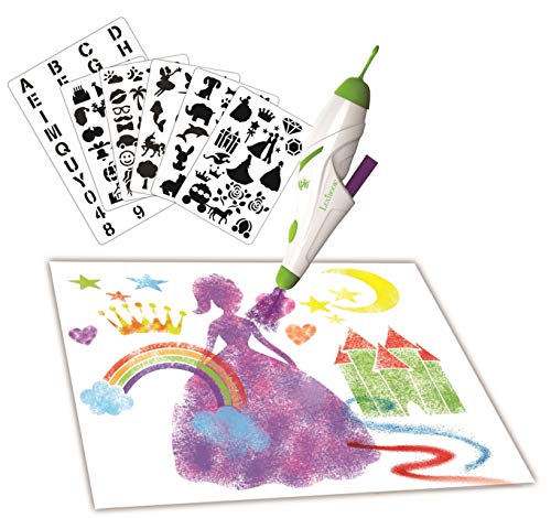 LEXiBOOK Aerograph Air Marker Sprayer, Spray Art Electric Airbrush Marker Set, Magic Pen Coloured Markers Stencils Children Toy Christmas Gift, Marker Sets For Kids, CR800, Green/White, 21 Piece Set